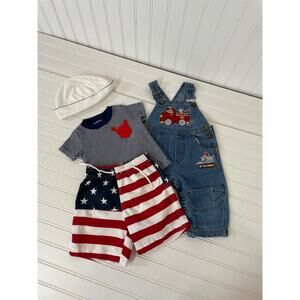 Carter’s Boys Tee Shirt USA Flag Short & Denim Overall Bundle of 3 Size 6-9 MO